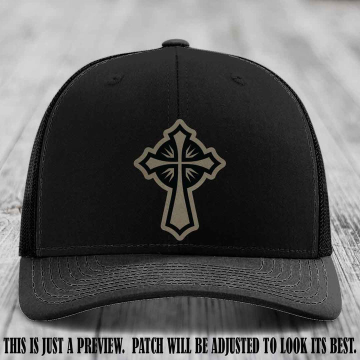 Crossfire Faith design on Light Brown to Black Patch leather patch with Black Hat Richardson 112 hat.