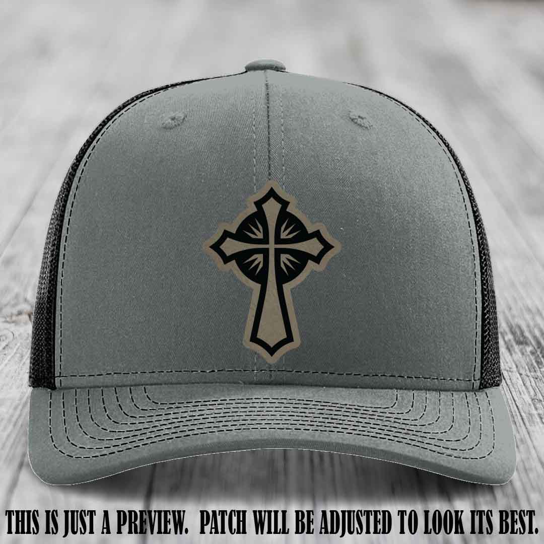 Crossfire Faith design on Light Brown to Black Patch leather patch with Heather Grey to Black Hat Richardson 112 hat.