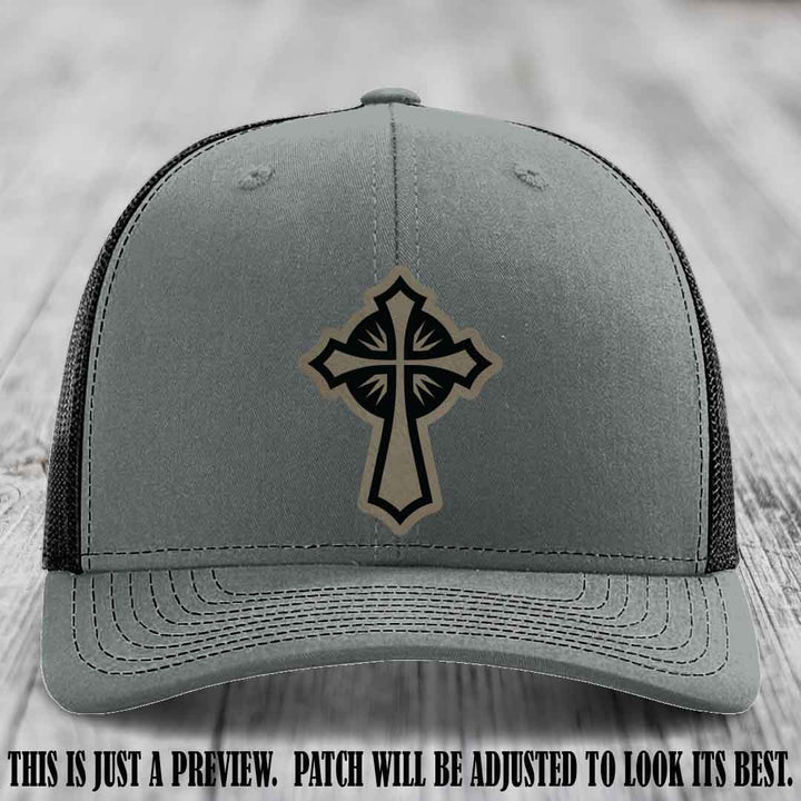 Crossfire Faith design on Light Brown to Black Patch leather patch with Heather Grey to Black Hat Richardson 112 hat.