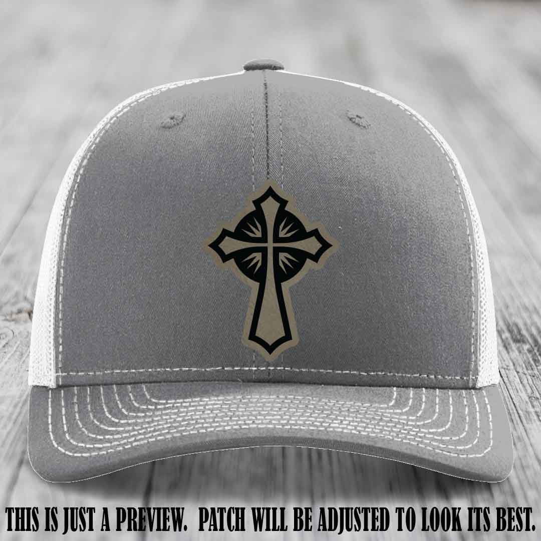 Crossfire Faith design on Light Brown to Black Patch leather patch with Heather Grey to White Hat Richardson 112 hat.