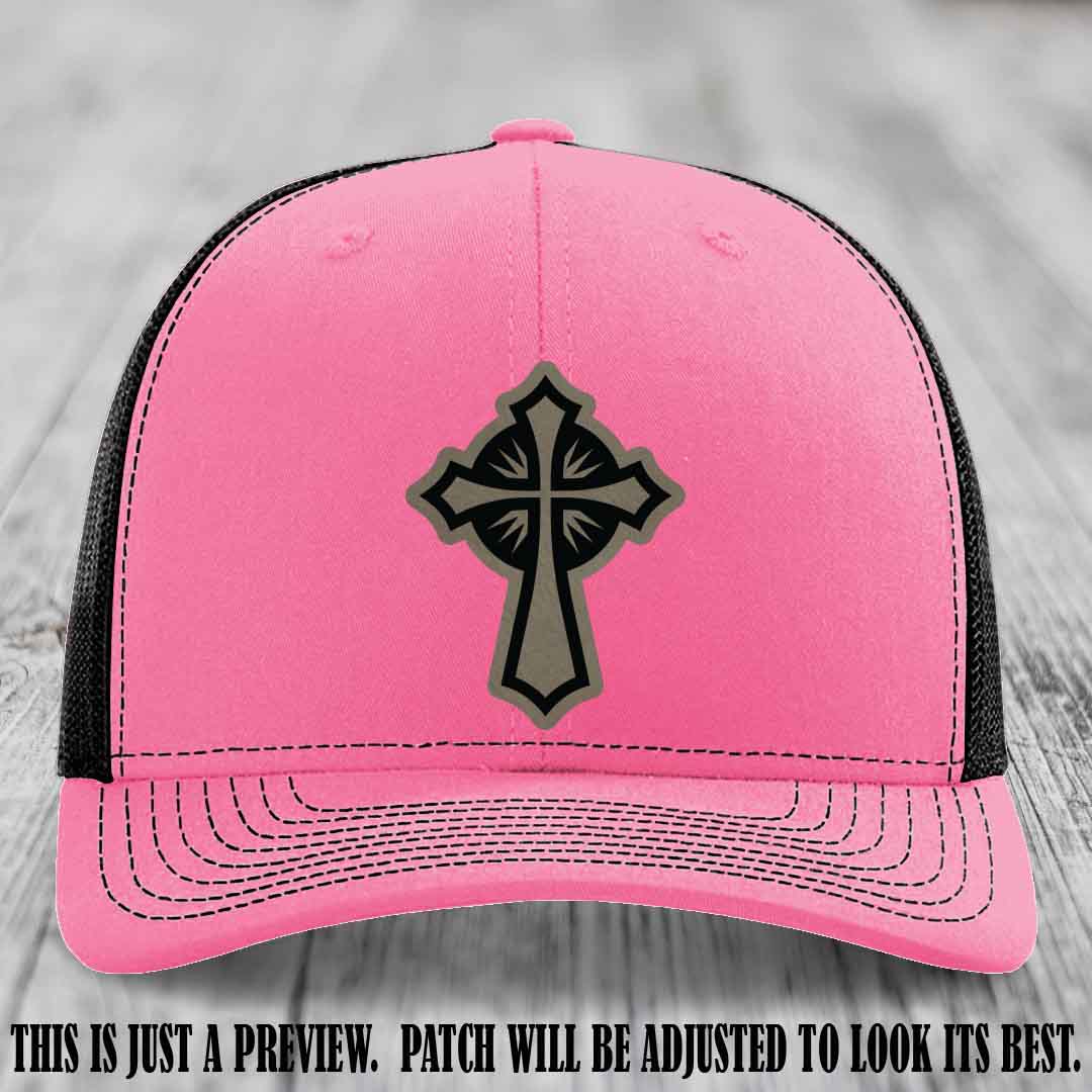 Crossfire Faith design on Light Brown to Black Patch leather patch with Hot Pink to Black Hat Richardson 112 hat.