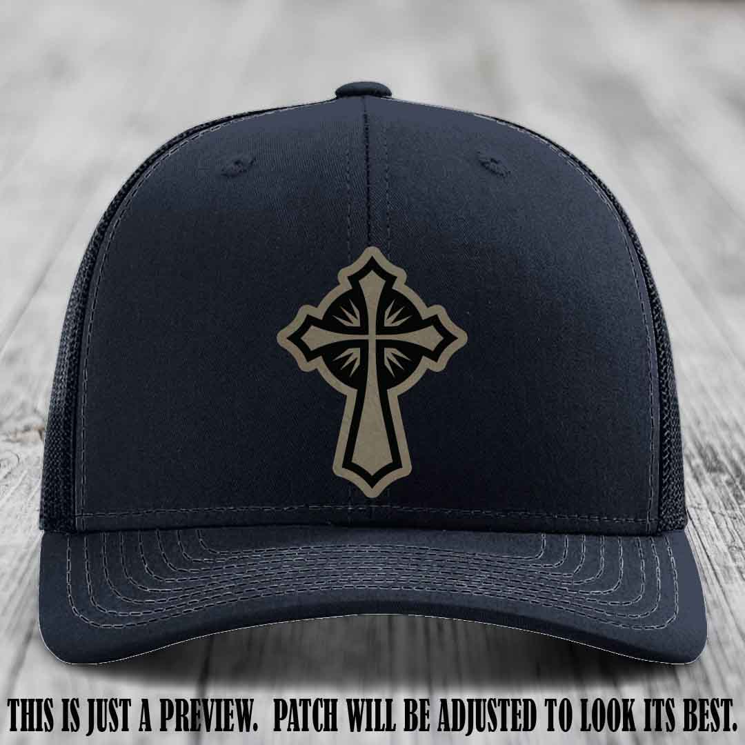 Crossfire Faith design on Light Brown to Black Patch leather patch with Navy Hat Richardson 112 hat.