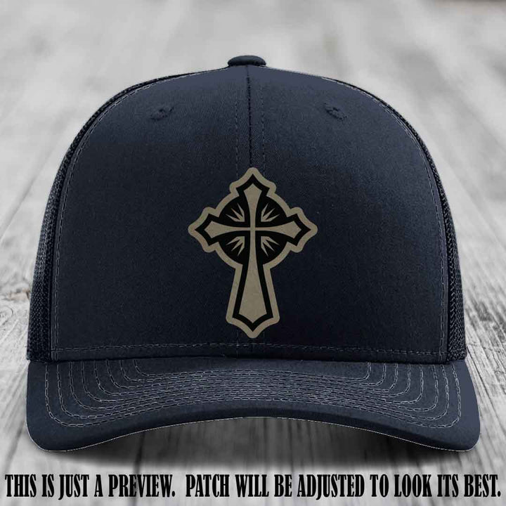 Crossfire Faith design on Light Brown to Black Patch leather patch with Navy Hat Richardson 112 hat.