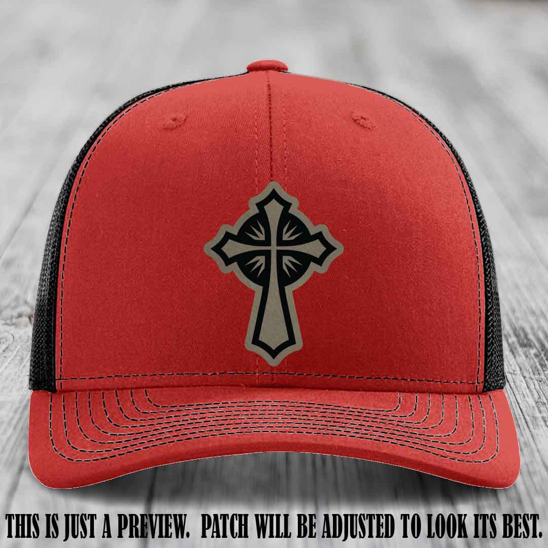 Crossfire Faith design on Light Brown to Black Patch leather patch with Red to Black Hat Richardson 112 hat.