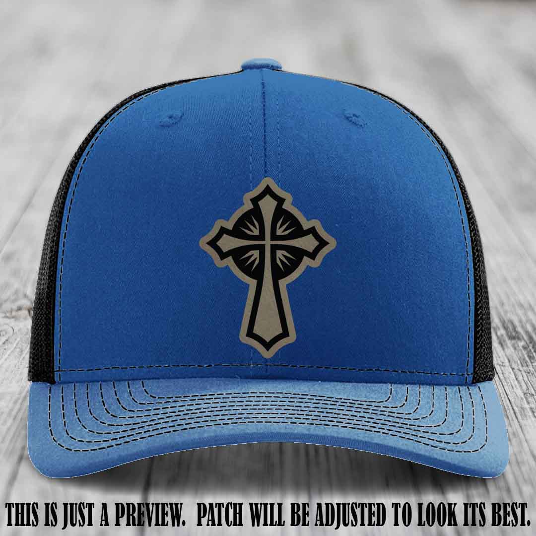Crossfire Faith design on Light Brown to Black Patch leather patch with Royal to Black Hat Richardson 112 hat.