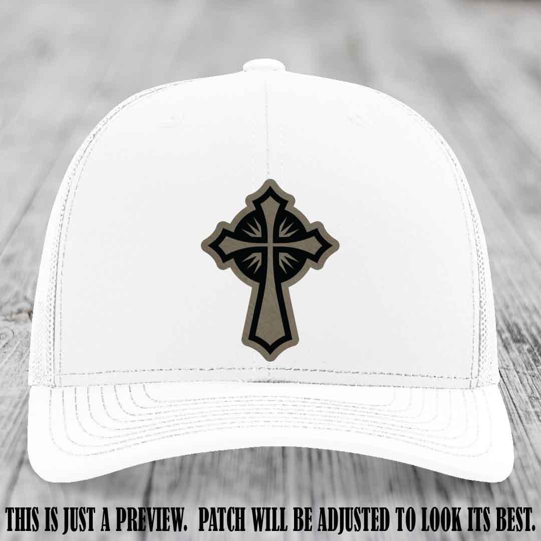 Crossfire Faith design on Light Brown to Black Patch leather patch with White Hat Richardson 112 hat.