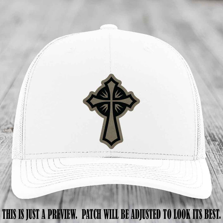 Crossfire Faith design on Light Brown to Black Patch leather patch with White Hat Richardson 112 hat.