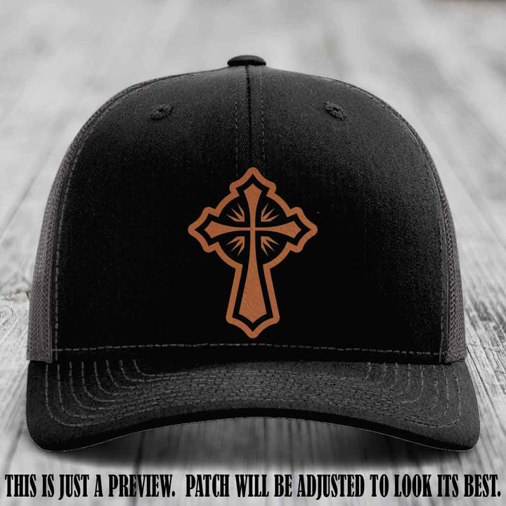 Crossfire Faith design on Rawhide to Black Patch leather patch with Black to Charcoal Hat Richardson 112 hat.