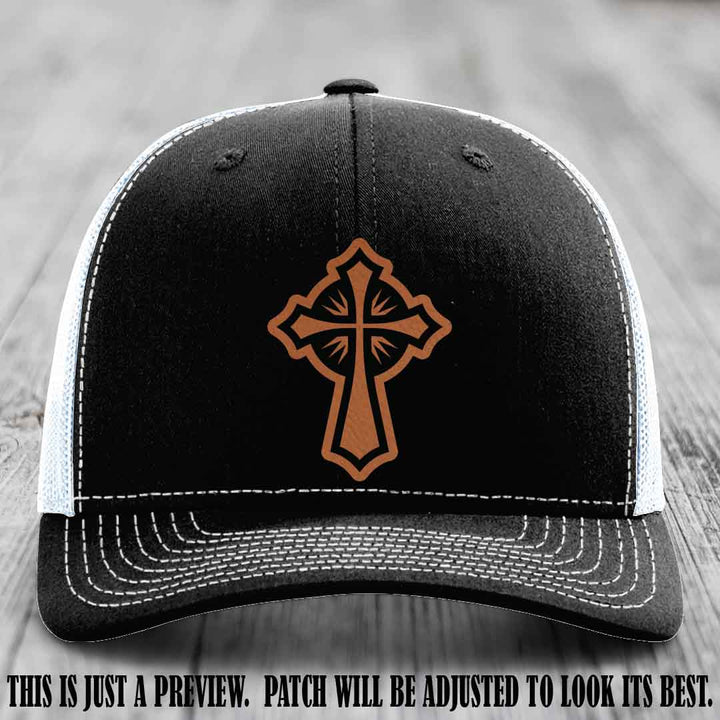 Crossfire Faith design on Rawhide to Black Patch leather patch with Black to White Hat Richardson 112 hat.