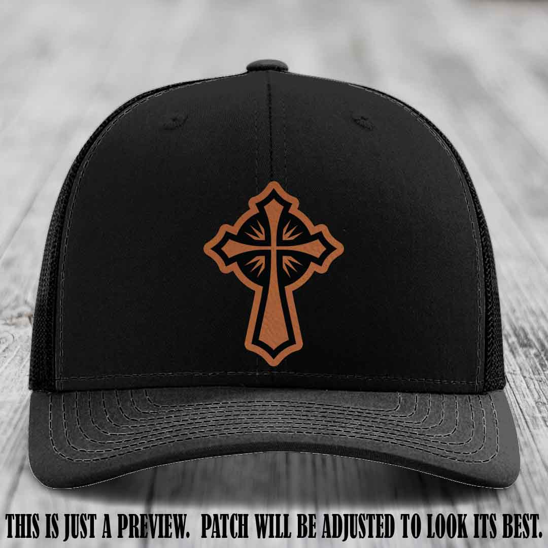 Crossfire Faith design on Rawhide to Black Patch leather patch with Black Hat Richardson 112 hat.