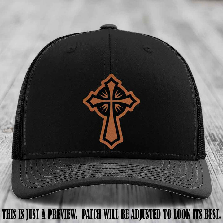 Crossfire Faith design on Rawhide to Black Patch leather patch with Black Hat Richardson 112 hat.