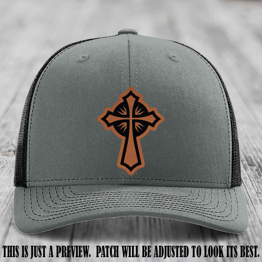 Crossfire Faith design on Rawhide to Black Patch leather patch with Heather Grey to Black Hat Richardson 112 hat.