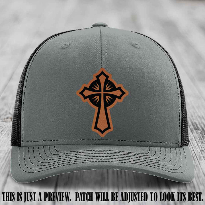 Crossfire Faith design on Rawhide to Black Patch leather patch with Heather Grey to Black Hat Richardson 112 hat.