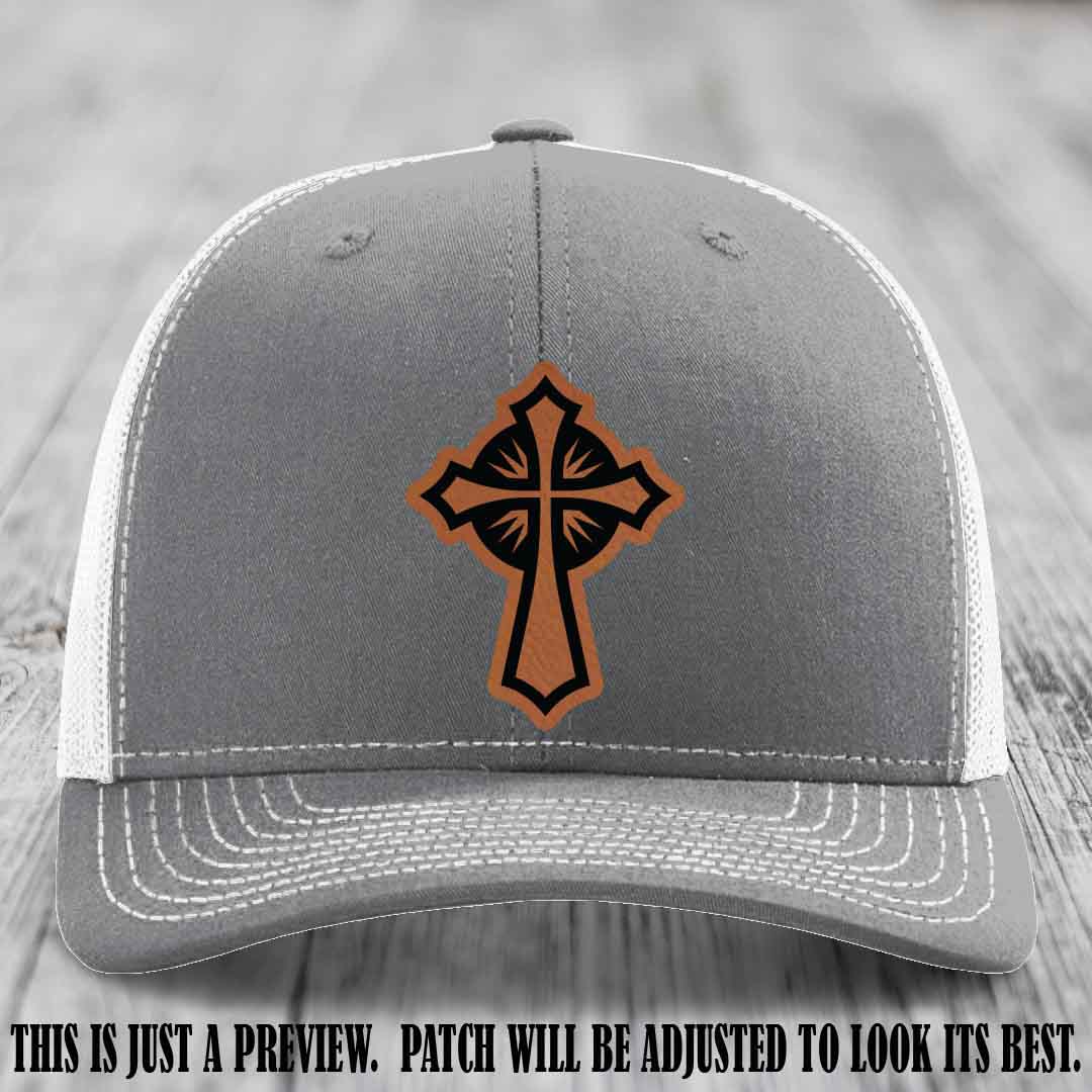 Crossfire Faith design on Rawhide to Black Patch leather patch with Heather Grey to White Hat Richardson 112 hat.