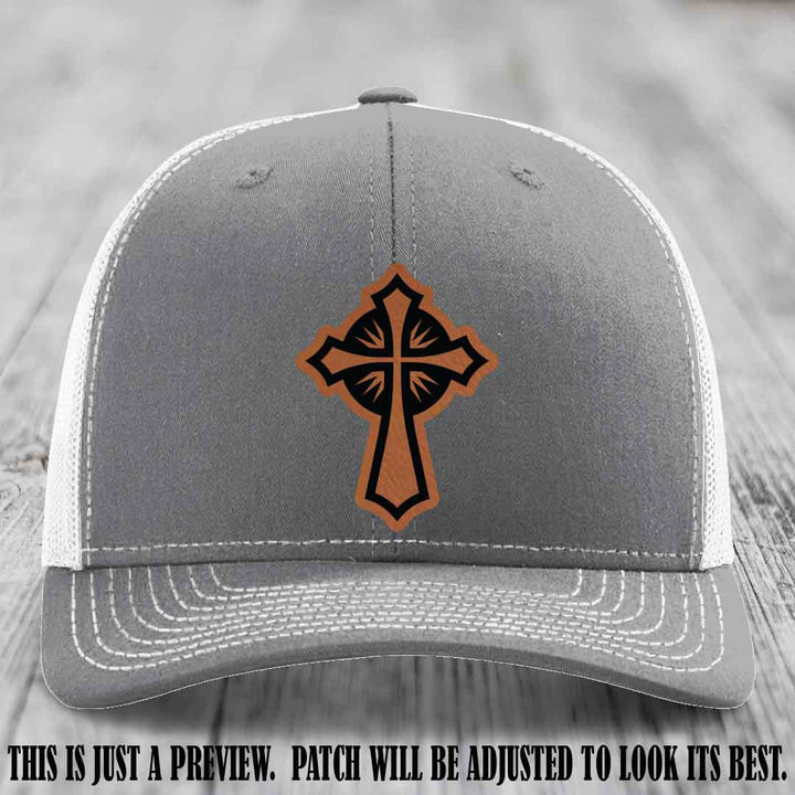 Crossfire Faith design on Rawhide to Black Patch leather patch with Heather Grey to White Hat Richardson 112 hat.