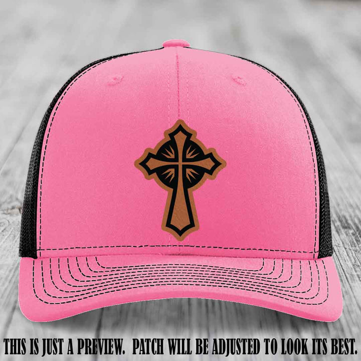 Crossfire Faith design on Rawhide to Black Patch leather patch with Hot Pink to Black Hat Richardson 112 hat.