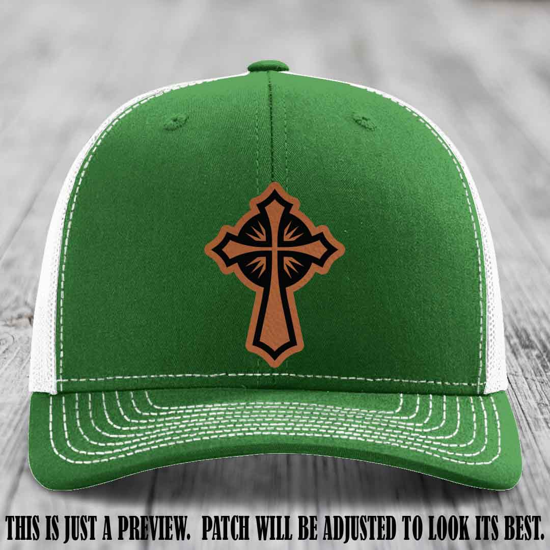 Crossfire Faith design on Rawhide to Black Patch leather patch with Kelly to White Hat Richardson 112 hat.