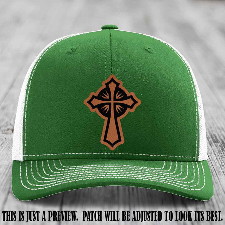 Crossfire Faith design on Rawhide to Black Patch leather patch with Kelly to White Hat Richardson 112 hat.