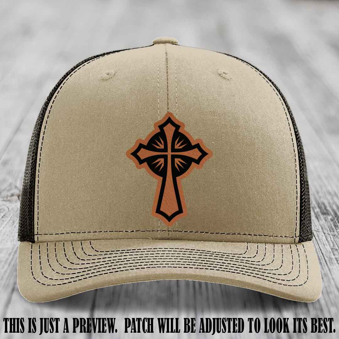 Crossfire Faith design on Rawhide to Black Patch leather patch with Khaki to Coffee Hat Richardson 112 hat.