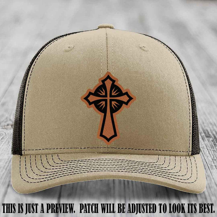 Crossfire Faith design on Rawhide to Black Patch leather patch with Khaki to Coffee Hat Richardson 112 hat.