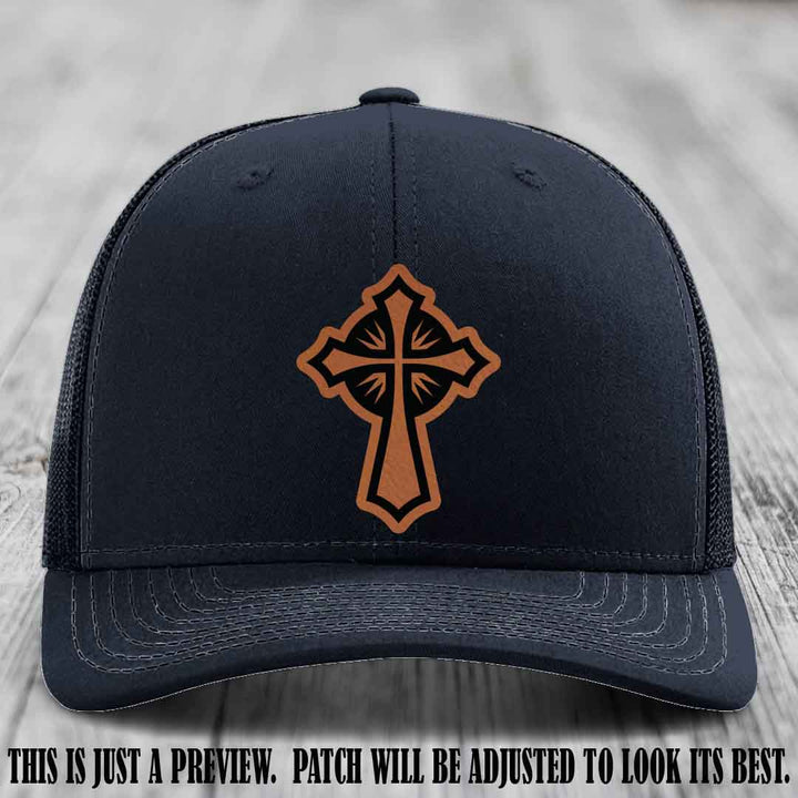 Crossfire Faith design on Rawhide to Black Patch leather patch with Navy Hat Richardson 112 hat.