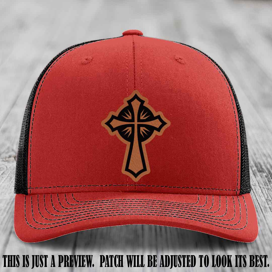 Crossfire Faith design on Rawhide to Black Patch leather patch with Red to Black Hat Richardson 112 hat.