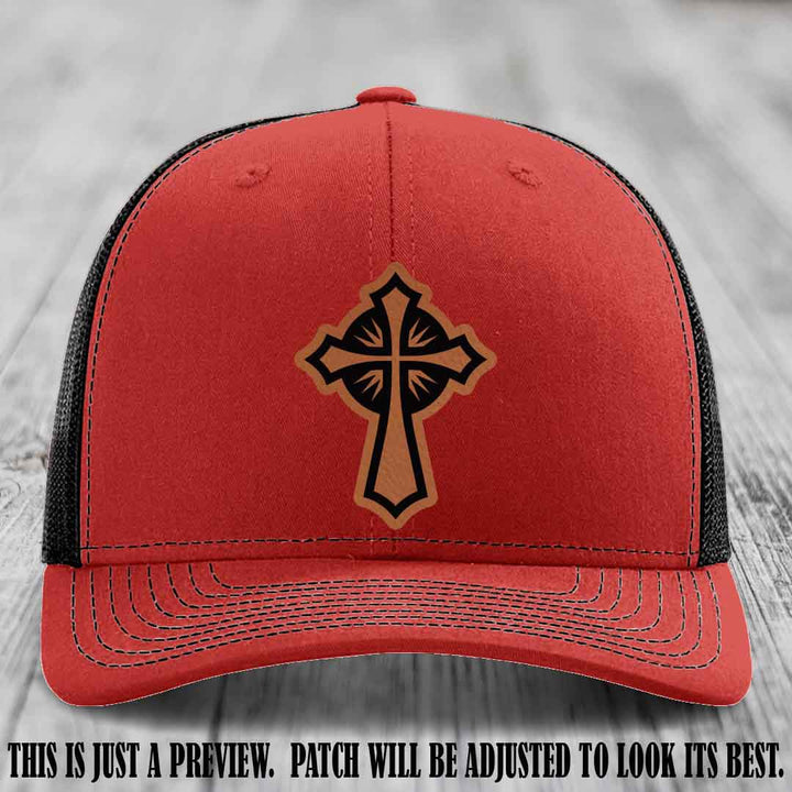 Crossfire Faith design on Rawhide to Black Patch leather patch with Red to Black Hat Richardson 112 hat.