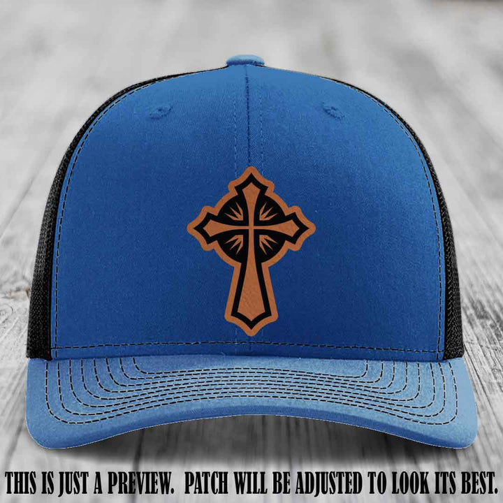 Crossfire Faith design on Rawhide to Black Patch leather patch with Royal to Black Hat Richardson 112 hat.