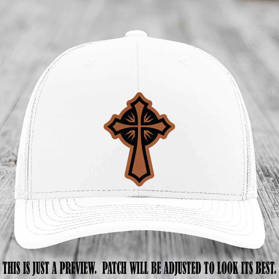 Crossfire Faith design on Rawhide to Black Patch leather patch with White Hat Richardson 112 hat.