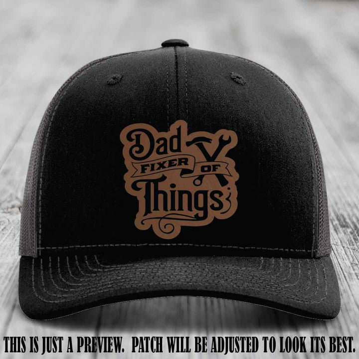 Dad Fixer of Things 🔧 Leather Patch Hat – Dark Brown to Black Patch on Black to Charcoal Hat