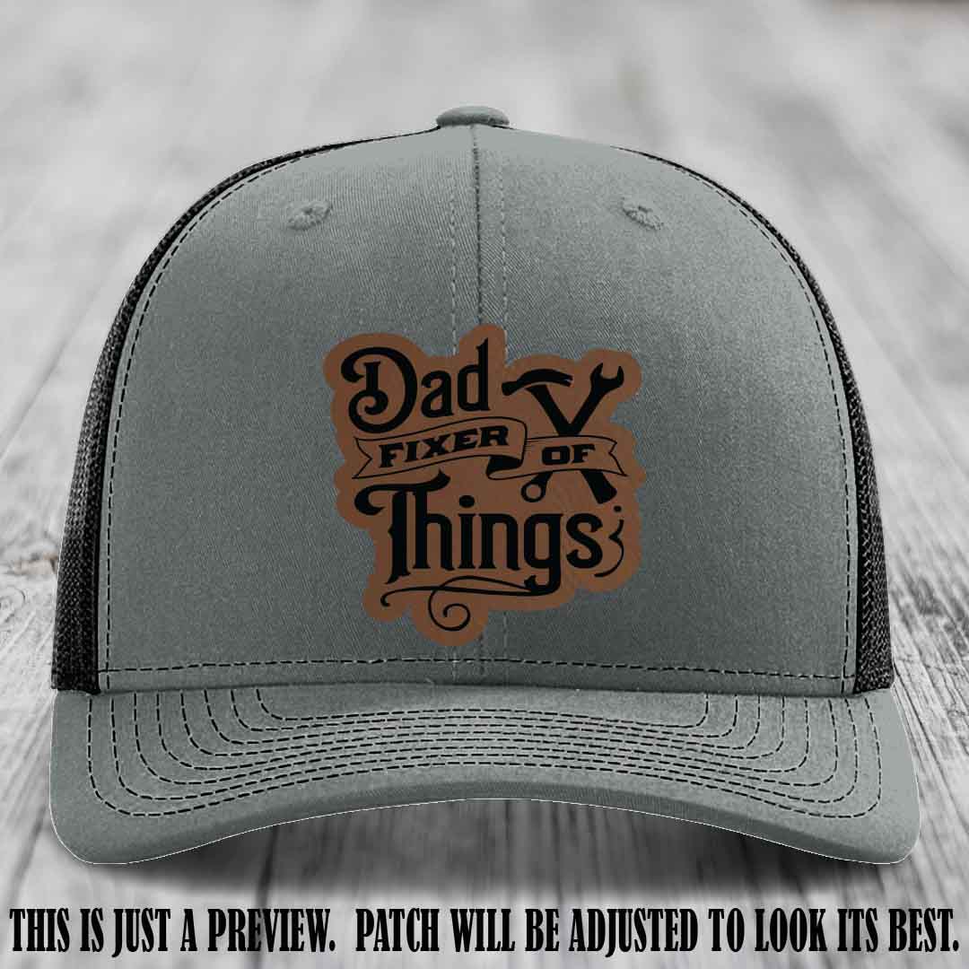 Dad Fixer of Things 🔧 Leather Patch Hat – Dark Brown to Black Patch on Heather Grey to Black Hat