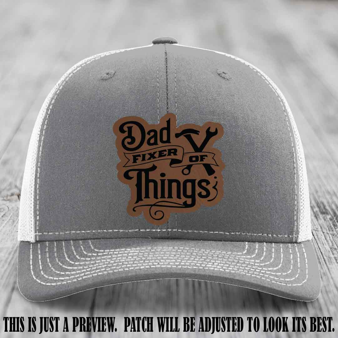 Dad Fixer of Things 🔧 Leather Patch Hat – Dark Brown to Black Patch on Heather Grey to White Hat