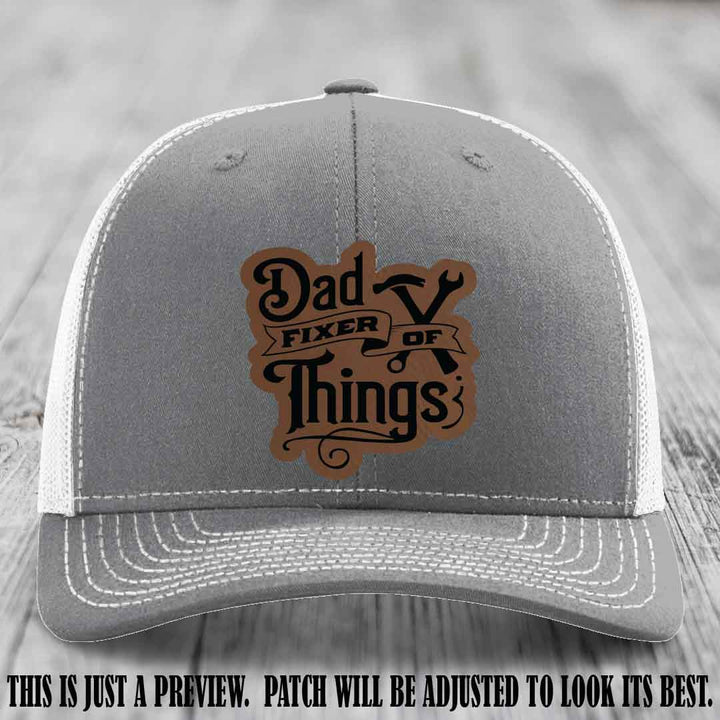 Dad Fixer of Things 🔧 Leather Patch Hat – Dark Brown to Black Patch on Heather Grey to White Hat