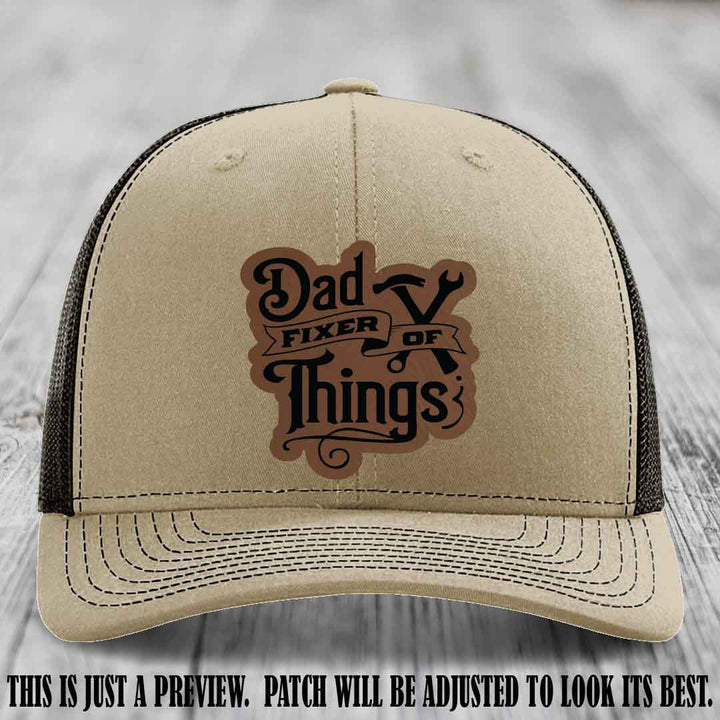 Dad Fixer of Things 🔧 Leather Patch Hat – Dark Brown to Black Patch on Khaki to Coffee Hat