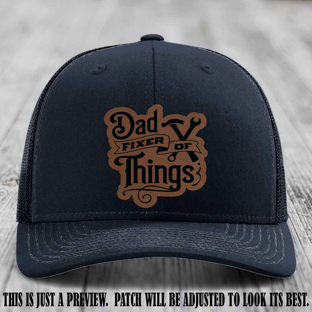 Dad Fixer of Things 🔧 Leather Patch Hat – Dark Brown to Black Patch on Navy Hat