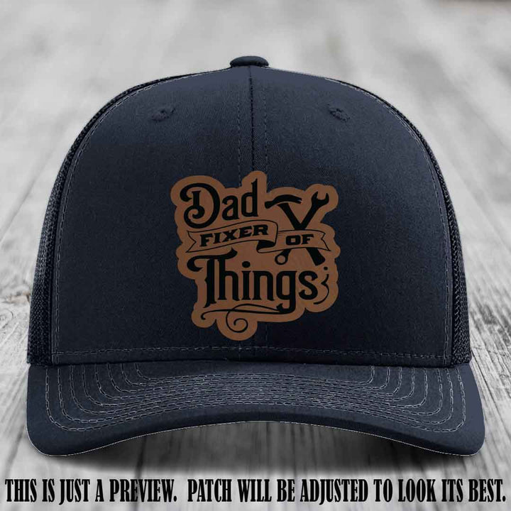 Dad Fixer of Things 🔧 Leather Patch Hat – Dark Brown to Black Patch on Navy Hat
