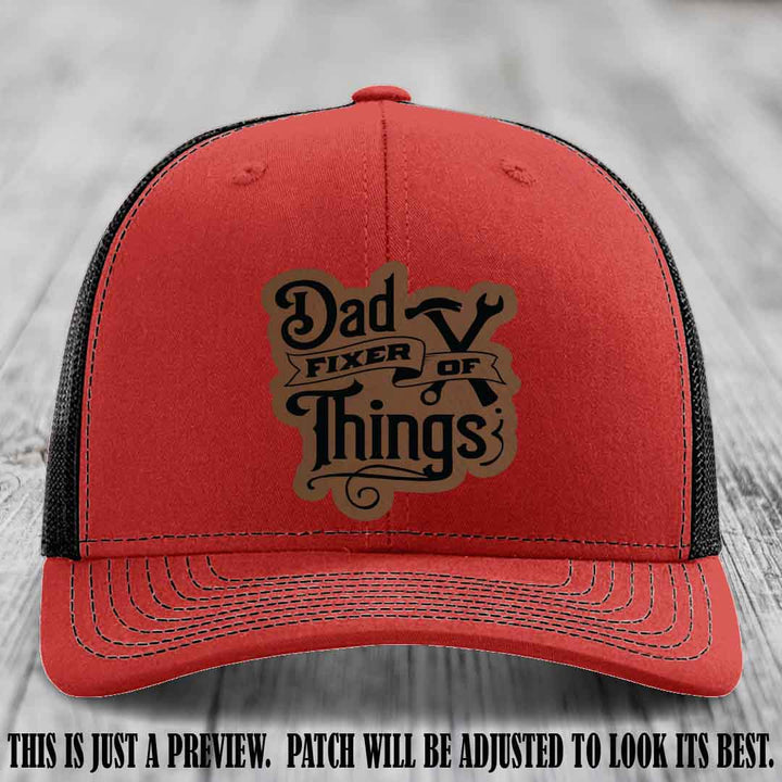 Dad Fixer of Things 🔧 Leather Patch Hat – Dark Brown to Black Patch on Red to Black Hat