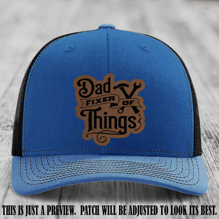 Dad Fixer of Things 🔧 Leather Patch Hat – Dark Brown to Black Patch on Royal to Black Hat