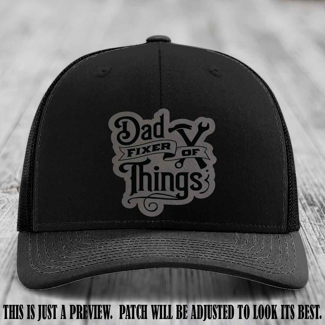 Dad Fixer of Things 🔧 Leather Patch Hat – Grey to Black Patch on Black Hat