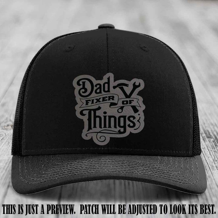 Dad Fixer of Things 🔧 Leather Patch Hat – Grey to Black Patch on Black Hat