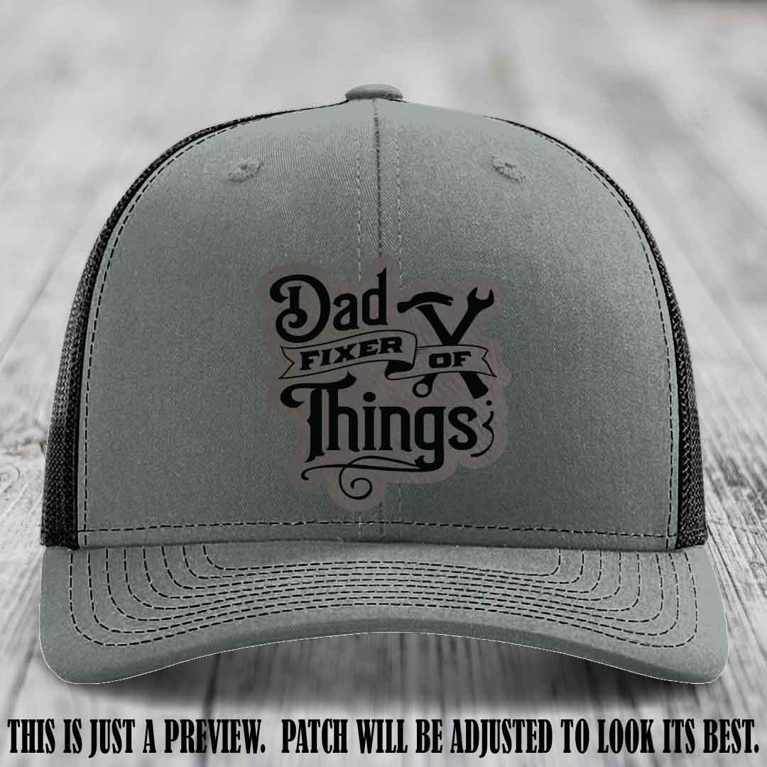Dad Fixer of Things 🔧 Leather Patch Hat – Grey to Black Patch on Heather Grey to Black Hat