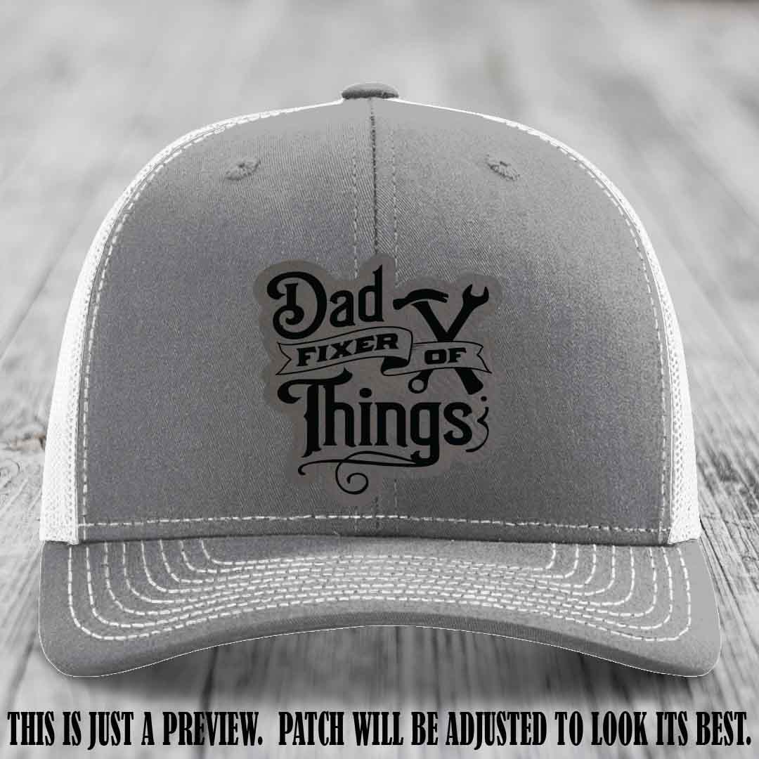 Dad Fixer of Things 🔧 Leather Patch Hat – Grey to Black Patch on Heather Grey to White Hat