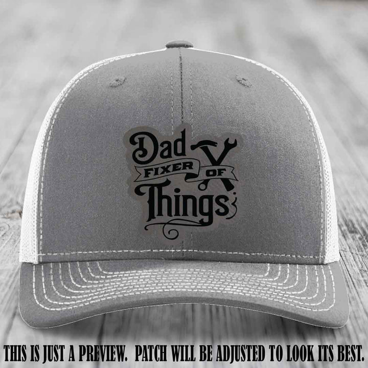 Dad Fixer of Things 🔧 Leather Patch Hat – Grey to Black Patch on Heather Grey to White Hat