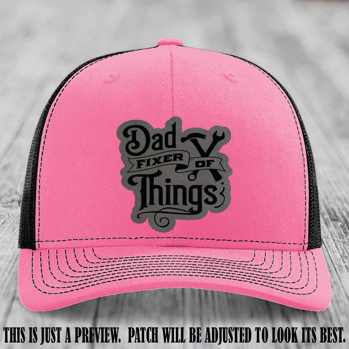 Dad Fixer of Things 🔧 Leather Patch Hat – Grey to Black Patch on Hot Pink to Black Hat