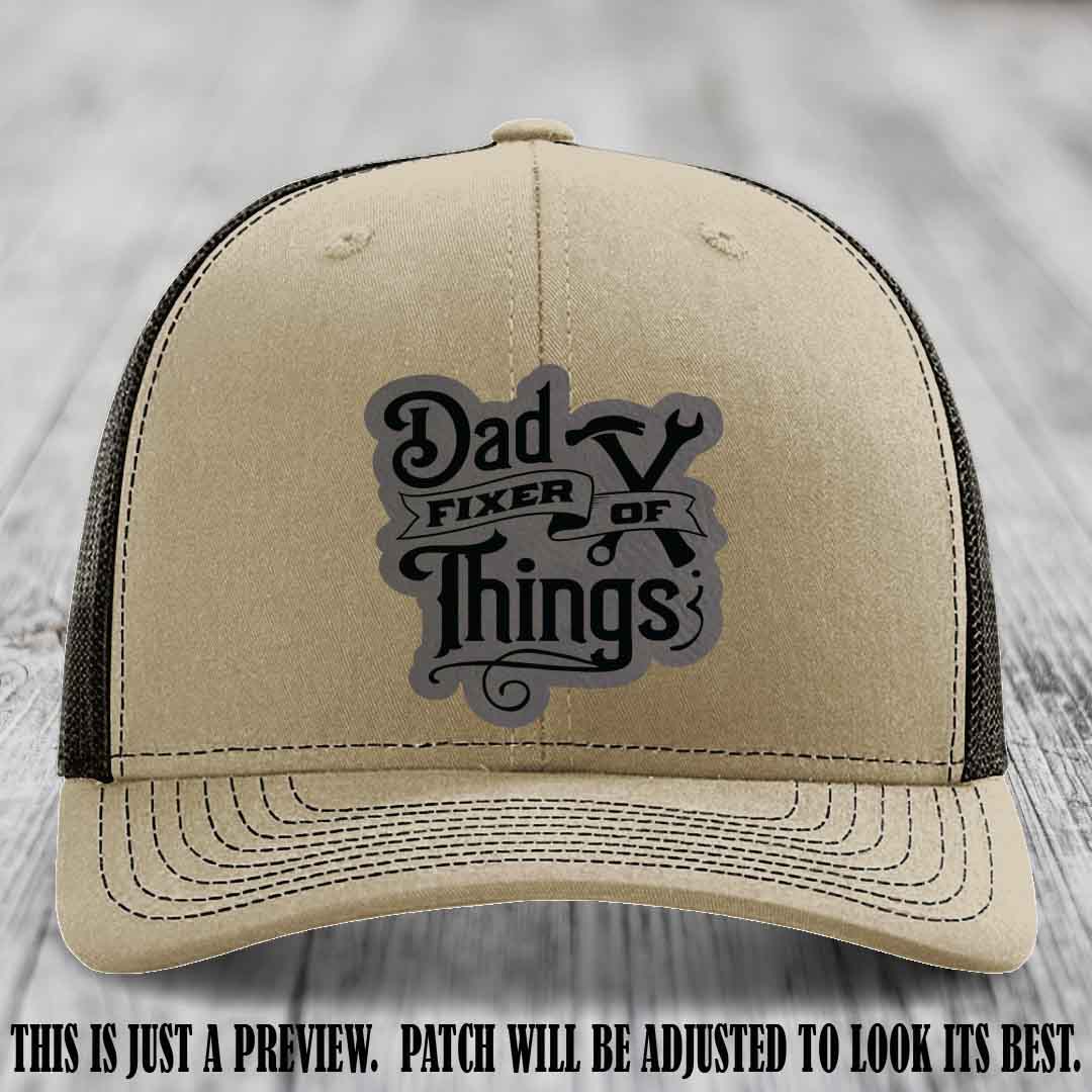 Dad Fixer of Things 🔧 Leather Patch Hat – Grey to Black Patch on Khaki to Coffee Hat