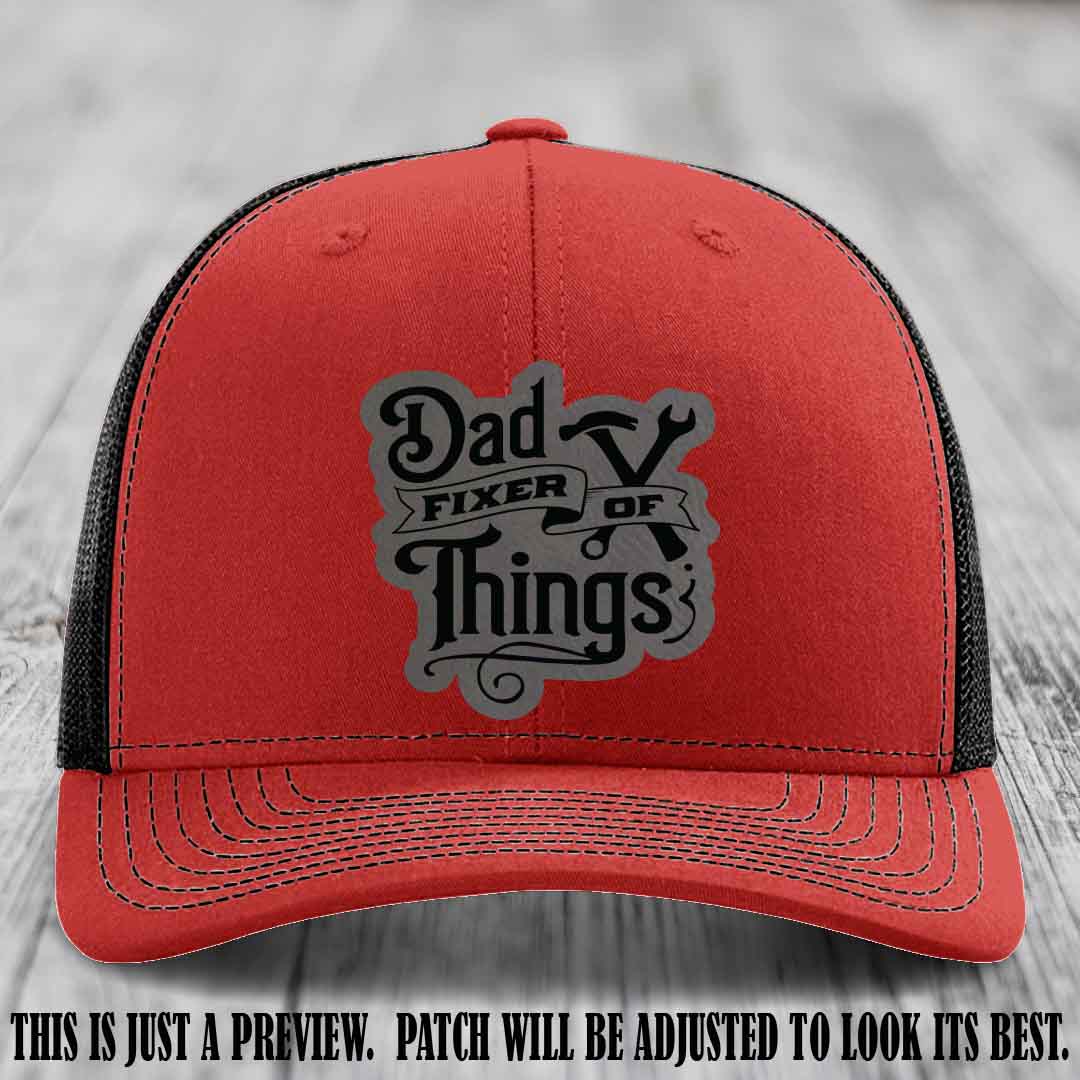 Dad Fixer of Things 🔧 Leather Patch Hat – Grey to Black Patch on Red to Black Hat