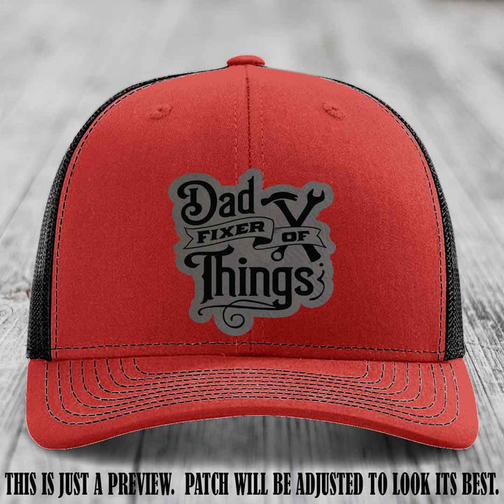Dad Fixer of Things 🔧 Leather Patch Hat – Grey to Black Patch on Red to Black Hat