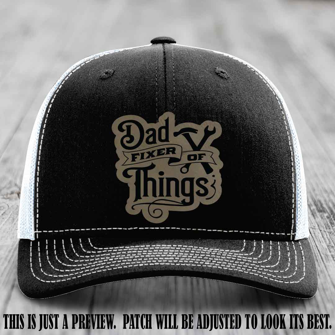 Dad Fixer of Things 🔧 Leather Patch Hat – Light Brown to Black Patch on Black to White Hat