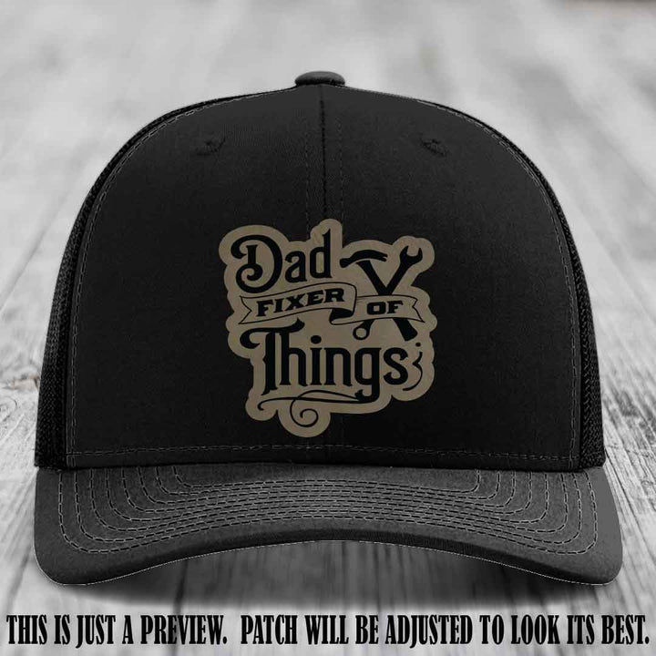 Dad Fixer of Things 🔧 Leather Patch Hat – Light Brown to Black Patch on Black Hat