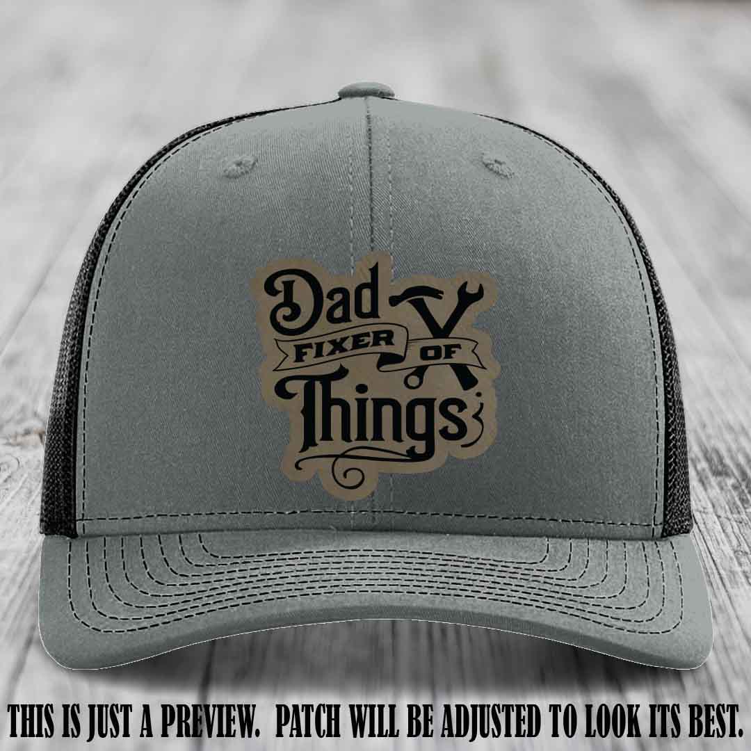 Dad Fixer of Things 🔧 Leather Patch Hat – Light Brown to Black Patch on Heather Grey to Black Hat